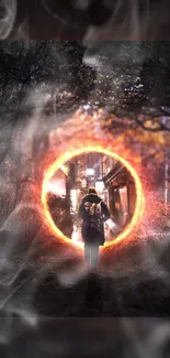 Person walking through a fiery portal in a dark mystical forest.