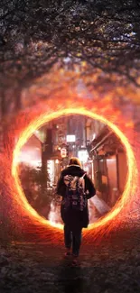 A person walking through a glowing portal in a dark forest.