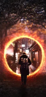 Person walking through a fiery mystical portal in a dark forest.