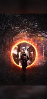 Person walking into a fiery portal in a dark forest, creating a mystical ambiance.