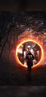 A person walking towards a mystical glowing portal in a dark forest.