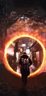 A person entering a fiery portal in an urban alley, surrounded by trees.