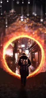 Person walking through a fiery portal in a mystical forest setting.