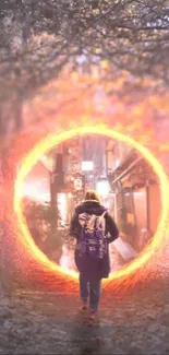 A person enters a fiery portal in a mystical forest path.