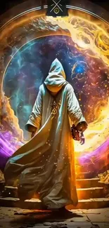 Cloaked figure stands before swirling mystical portal on phone wallpaper.