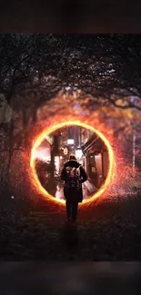 Person walking through a glowing portal in a mysterious forest setting.