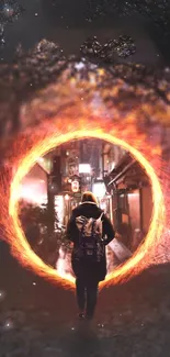 Person walking through a glowing portal in a mystical cityscape.