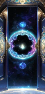 Open doorway revealing a cosmic portal with vibrant colors and galaxies.