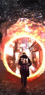 Person entering a mystical fiery portal in a forest setting, fantasy theme.