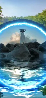 A mystical portal over rocks and water with a woman in a flowing dress in a nature scene.