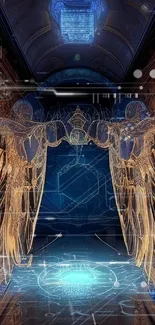 Ethereal portal with angelic figures and blue glow on phone wallpaper