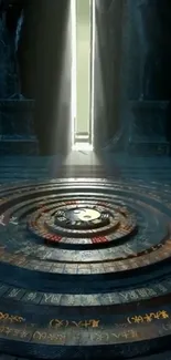 A mystical portal with ancient symbols and glowing light on phone wallpaper.