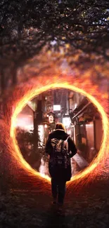 Person walking through glowing orange portal in urban setting wallpaper.