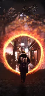 Person entering a glowing portal revealing a city street at night.