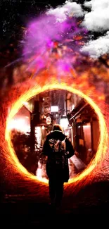 Fiery portal in a mystical urban alleyway.