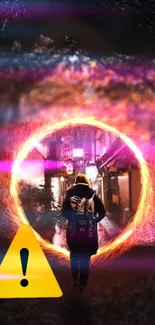 A person walks through a glowing portal into a vibrant, urban alley at night.