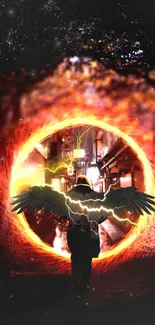 Silhouetted figure with wings at fiery portal in urban night scene.