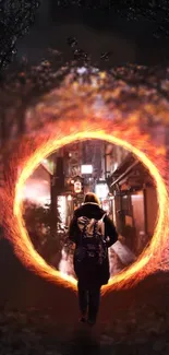 Person walking through a fiery portal in an alley.