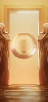 Mystical portal with golden robed figures and glowing sphere.