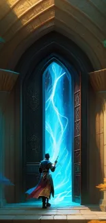 A lone figure approaches a glowing blue portal, amidst a grand doorway.