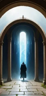 Lone figure enters a mystical portal through an ancient archway with a luminous blue sky.