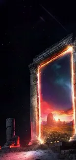 Mystical glowing portal with vivid landscape and night sky.