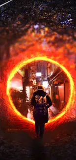 Person walking into glowing portal on street.