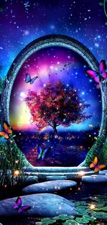 Mystical portal with vibrant butterflies and a colorful tree under a cosmic sky.