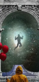 Portal scene with red balloons and silhouette.