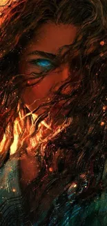 Fantasy art of a mystical woman with glowing blue eyes and flowing hair.