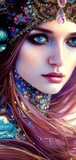 Mystical portrait of a woman with vibrant colors and intricate details.