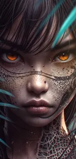Mystical woman with orange eyes and leafy background.