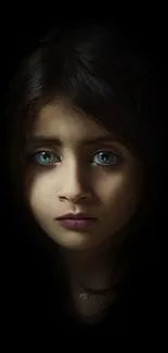 Mystical portrait with captivating eyes against a dark background.