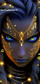 Mystical woman with blue eyes and gold adornments.