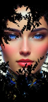 Mystical portrait with blue eyes framed by intricate leaves.