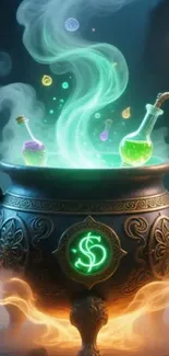 Magical cauldron with glowing potions and swirling mist.