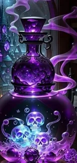 A mystical purple potion bottle with glowing skulls and vapor swirls.