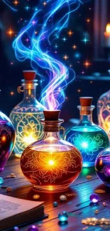 Colorful glowing potion vials in a mystical setting.