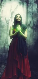 Praying figure in mystical forest wallpaper, exuding peace and faith.