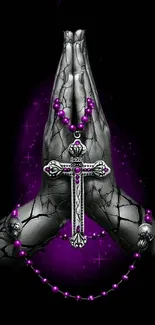 Prayer hands with purple rosary and cross design.