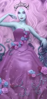 Fantasy artwork of a mystical princess with pink hair and a purple gown sitting elegantly.