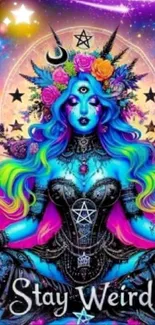 Vibrant cosmic fantasy blue goddess with mystical symbols.