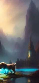 Cute puppy explores a mystical fantasy landscape under twilight.