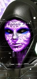 Purple alien with intricate design wearing a hood.