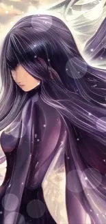 Anime character with purple hair and mystical background.