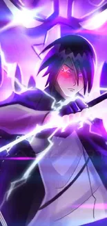 Mystical anime character with purple light and sword.