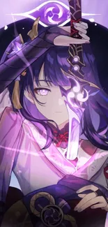 Anime character with purple hair brandishing a glowing sword on a mystical wallpaper.