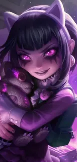 Anime character with mystical purple glow holding a plush toy.