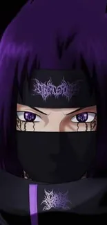 Anime character with purple eyes and dark attire in a mystical wallpaper.