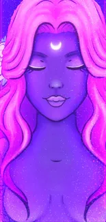 Purple mystical goddess illustration with pink hair and celestial elements.